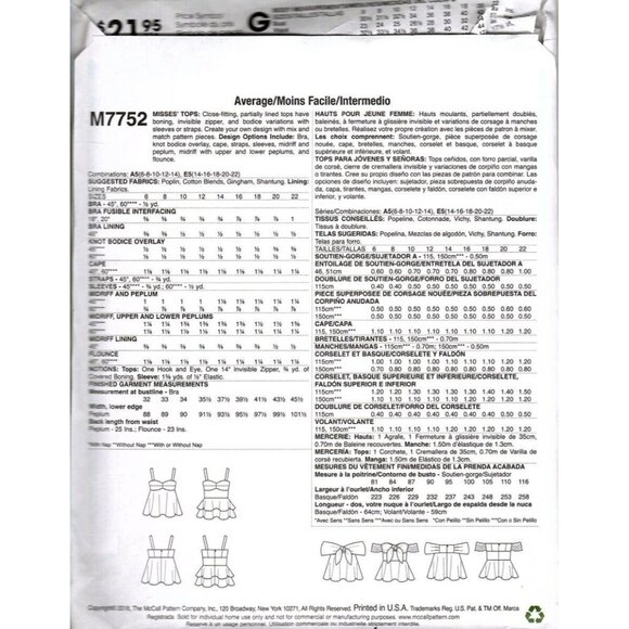McCall's M7752 Missess 6 to 14 Peplum Tops Uncut Sewing Pattern - Picture 2 of 2